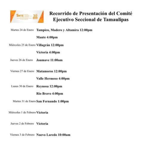 Agenda del recorrido del CES de la sección 30 SNTE